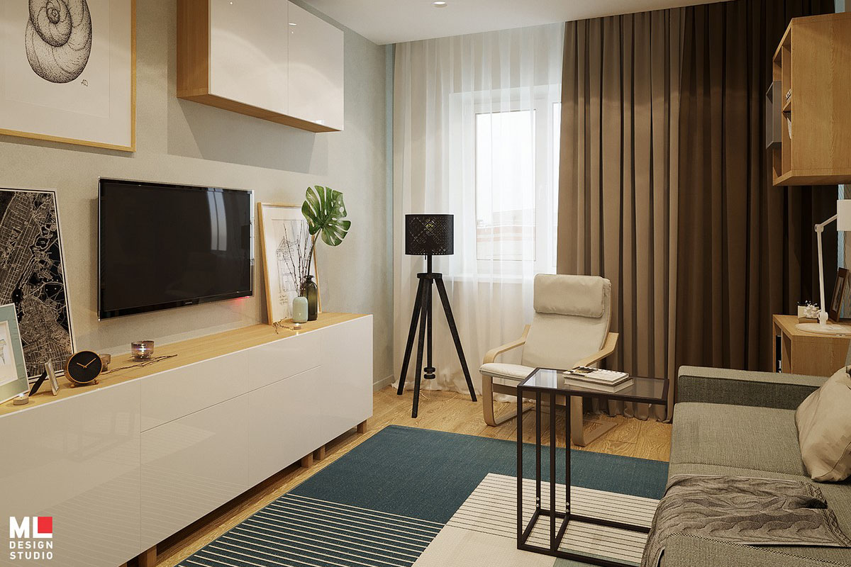 Дизайн интерьера в однокомнатной квартире по проекту Марии Мухаевой