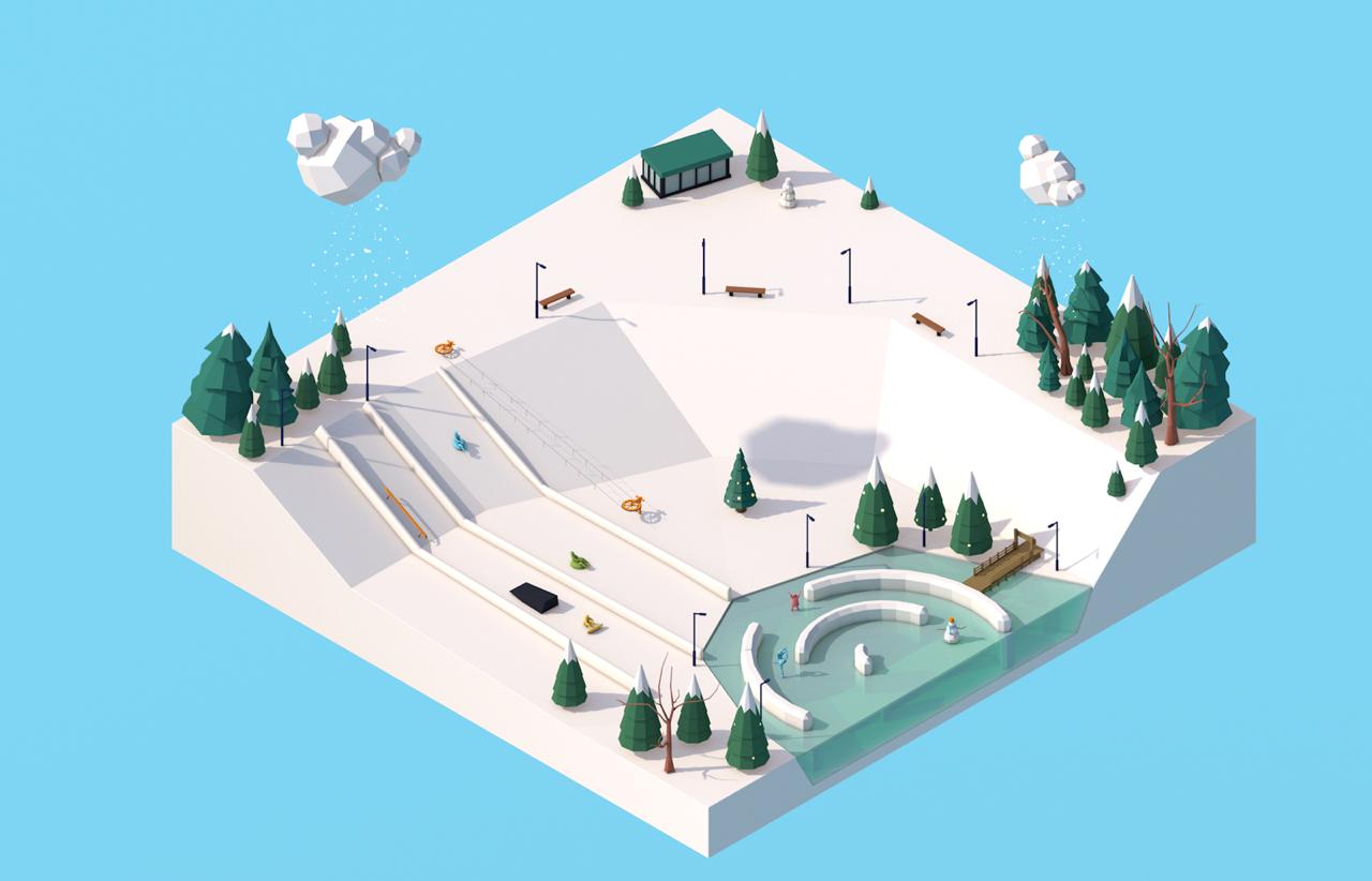 Возможно, уже этой зимой привычная горка для ватрушек в Загородном парке преобразится. Знакомимся с концептом сноу-парка, который сможет работать до ночи!