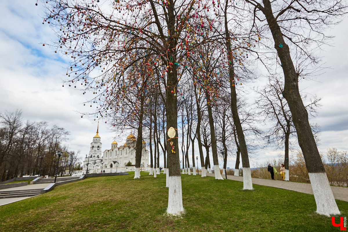 Во Владимире «распустилось» Пасхальное дерево. Поискать среди 20 тысяч деревянных расписных яиц произведения Урганта, Земфиры и Мамонова можно на аллее у Успенского собора.