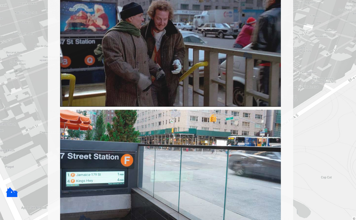 Как летит время! Фильм «Один дома-2» отмечает сейчас 30-летие с момента выхода на экран. Только вдумайтесь! А лучше пересмотрите эту замечательную комедию вместе с автором интерактивных карт Александром Прониным. Он создал очень интересный проект: собрал кадры из фильма и снабдил их свежими фото мест, где сцены снимались.