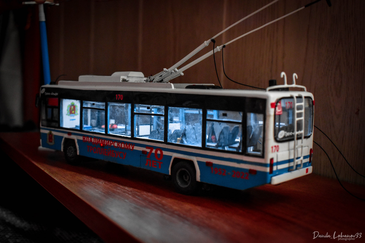 Владимирец Данила Лобанов собрал модель юбилейного троллейбуса в масштабе 1:43. На работу ушло 7 месяцев и около 20 тысяч рублей. За основу был взять транспорт самого популярного в городе 8-го маршрута. Свет в салоне работает, двери открываются, штанги поднимаются. Осталось добавить лишь голосовое сопровождение «До Рябинки» и можно выпускать в рейс.