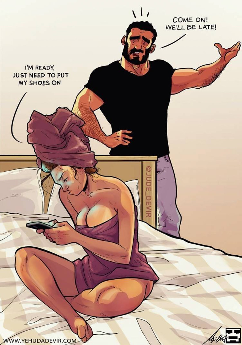 Фотограф Ольга Симкина запечатлела «семейные траблы» юриста Никиты Бельнова и его «возлюбленной», модели Анны Ухаловой. Испуг при взгляде на весы, тёплые объятия после ссоры, совместная уборка — эти и другие ситуации, встречаемые на популярных в Сети рисунках Иегуды Девира, практически незнакомые друг другу владимирцы отыграли с неподдельной искренностью.