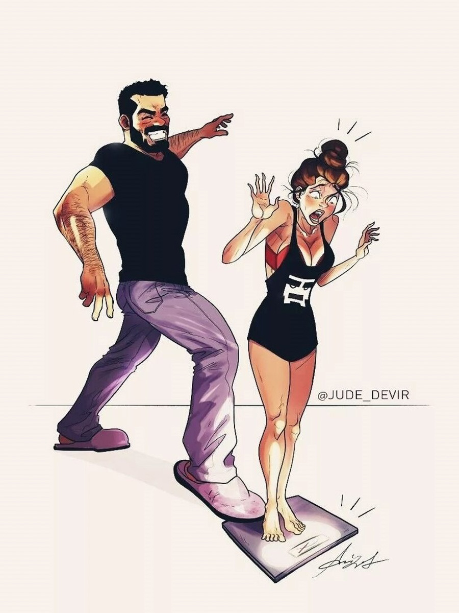 Фотограф Ольга Симкина запечатлела «семейные траблы» юриста Никиты Бельнова и его «возлюбленной», модели Анны Ухаловой. Испуг при взгляде на весы, тёплые объятия после ссоры, совместная уборка — эти и другие ситуации, встречаемые на популярных в Сети рисунках Иегуды Девира, практически незнакомые друг другу владимирцы отыграли с неподдельной искренностью.