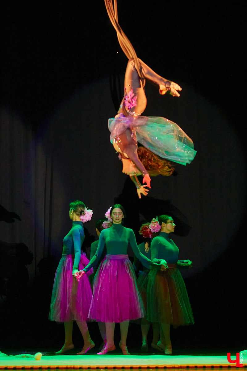 Ученицы школы балета для взрослых «Матильда» и школы воздушной гимнастики Aerial ballerinas стали частью «трёхмерной истории». Над сценой юные спортсменки показывали своё мастерство со стропами, обручами и полотнами, а ставшие балеринами жительницы Владимира заполнили освободившееся «на земле» пространство танцем. Новаторский спектакль сопровождался резкими вздохами удивлённых гостей и непрерывными аплодисментами. Подробнее о том, какой получилась необычная «Снежная королева», рассказываем в материале.