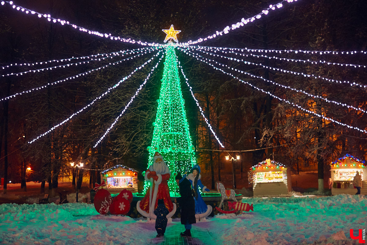 В центре Владимира установили новогоднюю композицию из ландшафтных светильников. Необычный арт-объект появился возле Золотых ворот, издалека он напоминает ледяные скульптуры. Подарил заснеженный лес городу неизвестный спонсор.