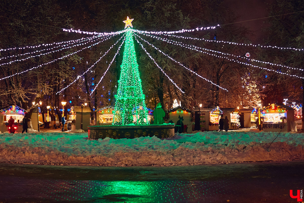 В центре Владимира установили новогоднюю композицию из ландшафтных светильников. Необычный арт-объект появился возле Золотых ворот, издалека он напоминает ледяные скульптуры. Подарил заснеженный лес городу неизвестный спонсор.