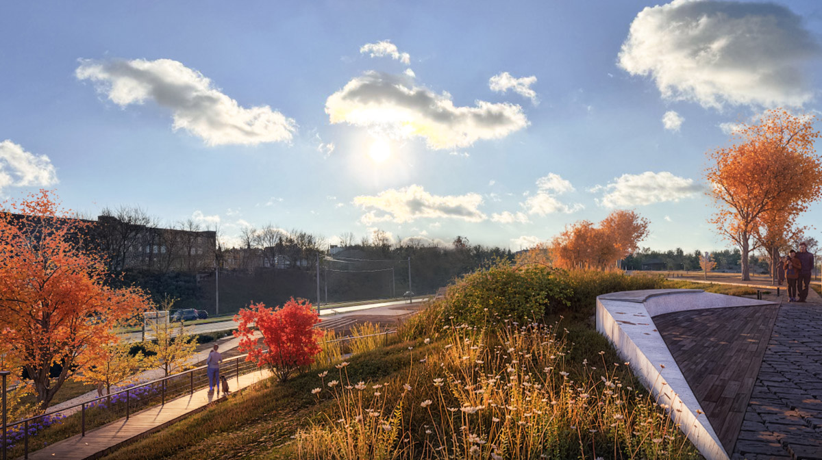 Пока Лыбедская магистраль — недружелюбная для пешеходов территория. Но эта ситуация скоро изменится. Там появится линейный парк с озеленением и точками притяжения, который должен замкнуть контур туристического маршрута по границам древнего города. С проектом благоустройства «Ключ-Медиа» познакомили его авторы.