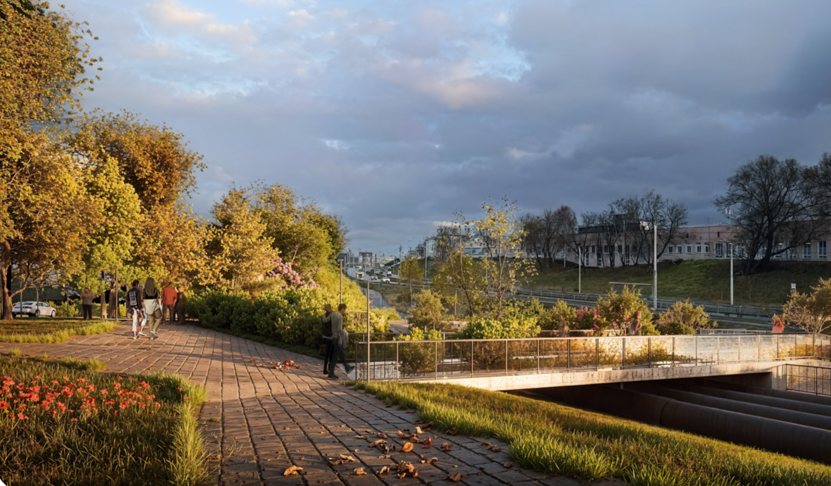 Пока Лыбедская магистраль — недружелюбная для пешеходов территория. Но эта ситуация скоро изменится. Там появится линейный парк с озеленением и точками притяжения, который должен замкнуть контур туристического маршрута по границам древнего города. С проектом благоустройства «Ключ-Медиа» познакомили его авторы.