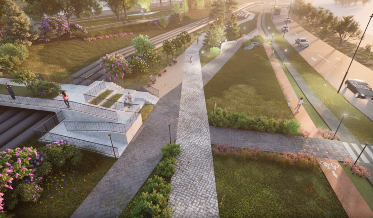 Пока Лыбедская магистраль — недружелюбная для пешеходов территория. Но эта ситуация скоро изменится. Там появится линейный парк с озеленением и точками притяжения, который должен замкнуть контур туристического маршрута по границам древнего города. С проектом благоустройства «Ключ-Медиа» познакомили его авторы.